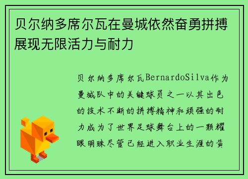 贝尔纳多席尔瓦在曼城依然奋勇拼搏展现无限活力与耐力 贝尔纳多席尔瓦在曼城依然奋勇拼搏展现无限活力与耐力